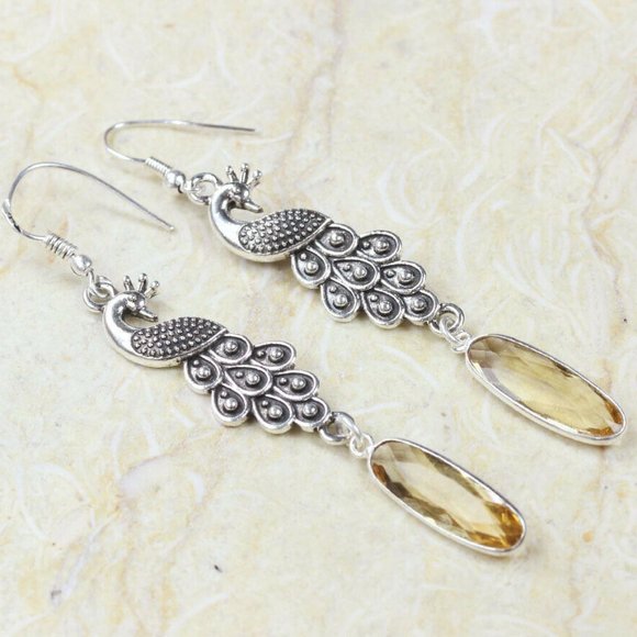 Hand Crafted Jewelry - Handmade Citrine Peacock 925 Silver Fashion Earrin